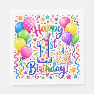 Serviette En Papier Balloons et gâteau d'anniversaire colorés et joyeu