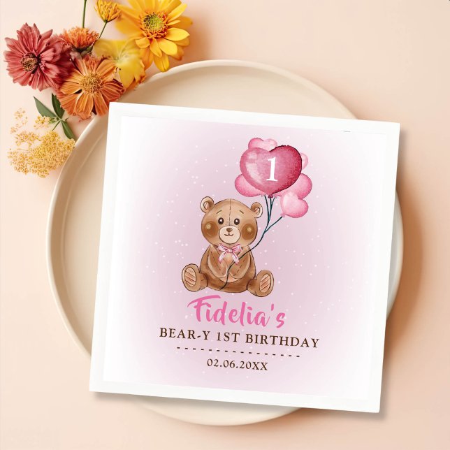 Serviette En Papier Ballotte d'ours en Teddy rose 1er anniversaire (Créateur téléchargé)