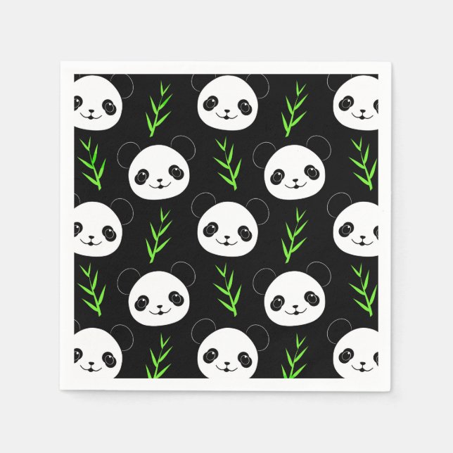 Serviette En Papier Bambou Motif Kawaii Panda En Blanc Noir (Devant)