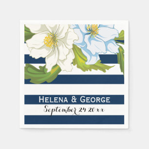 Serviette En Papier Bande bleu foncé & fleurs mariage moderne fleurie