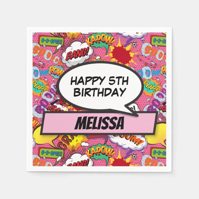 Serviette En Papier Bande dessinée Superhero fête d'anniversaire rose (Devant)