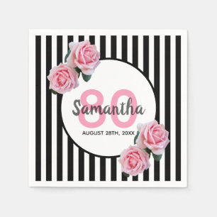 Serviette En Papier Bandes noires fleurs roses nom 80e anniversaire