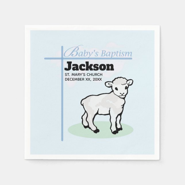 Serviette En Papier Baptême Agneau de garçon bleu, personnalisable (Devant)