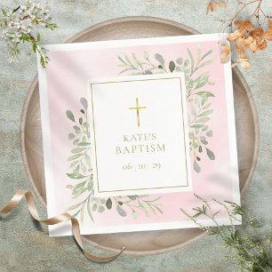Serviette En Papier Baptême au feuillage à l'aquarelle rose