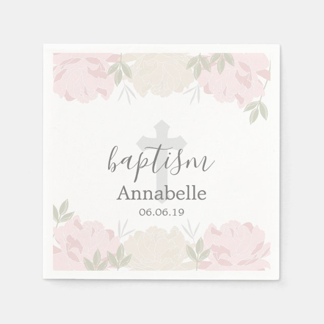 Serviette En Papier Baptême Bébé Pastel Pink Peonies (Devant)