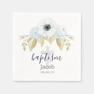 Serviette En Papier Baptême Bleu & Blanc Floral Cross Baby