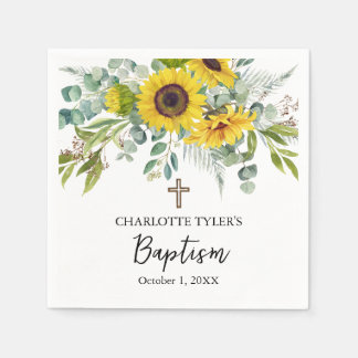 Serviette En Papier Baptême bohème Croix Tournesol & Eucalyptus
