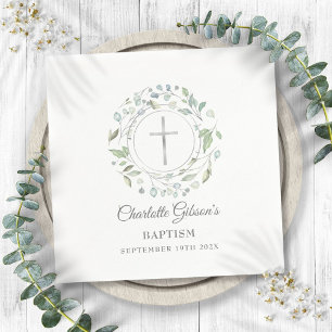 Serviette En Papier Baptême Christening Laurier Floral Croix Argent