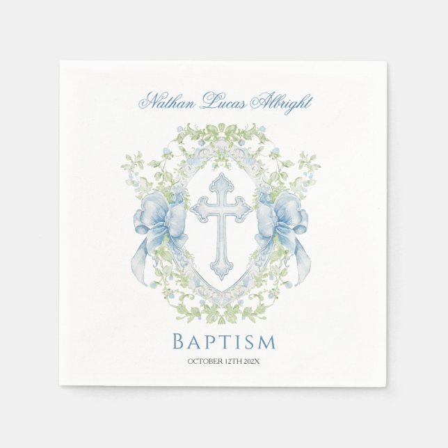 Serviette En Papier Baptême Croix Crest Verdure Baby Boy (Devant)