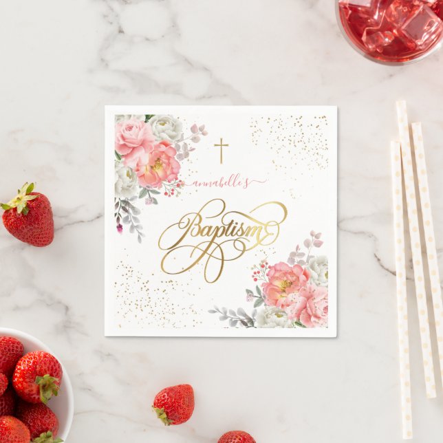 Serviette En Papier Baptême de fille florale (En situation)