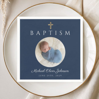 Serviette En Papier Baptême élégant garçon croix photo bleu marine