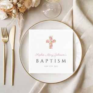 Serviette En Papier Baptême élégant religieux croix florale rose