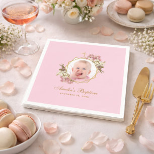 Serviette En Papier Baptême Fille Photo Rose Fleurs Orchidées Croix Do