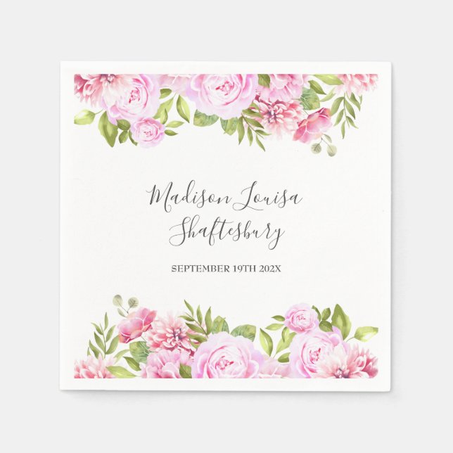Serviette En Papier Baptême Floral rose (Devant)