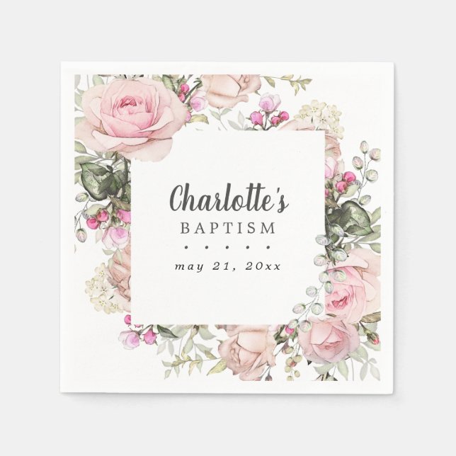 Serviette En Papier Baptême floral rose et blanc (Devant)