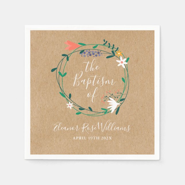 Serviette En Papier Baptême Floral Rustique Moderne (Devant)