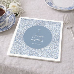 Serviette En Papier Baptême Garçon Motif Floral Bleu et Blanc Élégant