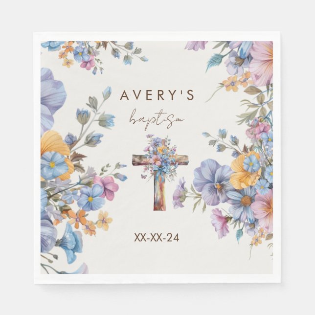 Serviette En Papier Baptême moderne couleur bleue croix élégant (Devant)