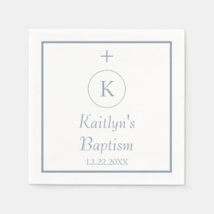 Serviette En Papier Baptême Monogramme Initiales Dusty Bleu Blanc Élég