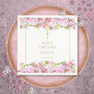 Serviette En Papier Baptême Or Rosier Fleurs Roses