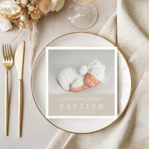 Serviette En Papier Baptême photo élégant écriture Taupe