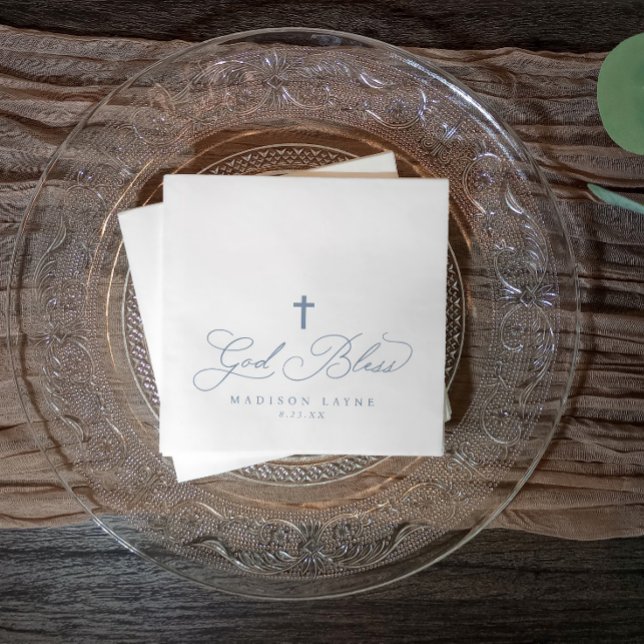 Serviette En Papier Baptême Première communion Dusty Blue God Bless Cr (Dusty blue God Bless baptism napkins with cross—personalized for a soft, elegant celebration.)