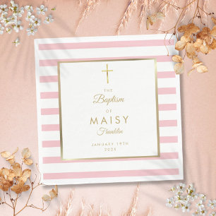 Serviette En Papier Baptême Rayure Or Et Rose