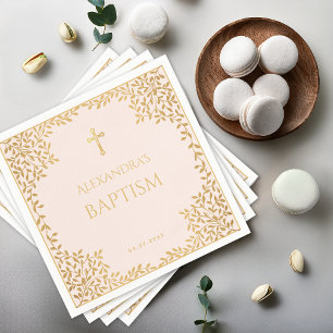 Serviette En Papier Baptême Rose Feuilles de Faux Or Fille Christening
