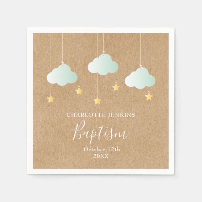 Serviette En Papier Baptême rustique Christening Twinkle Stars (Devant)