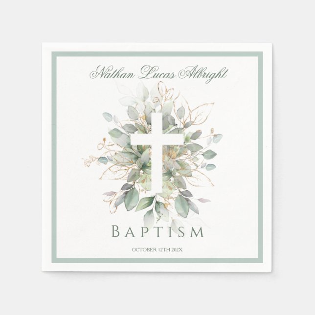 Serviette En Papier Baptism Greenery Leaves Cross  (Devant)