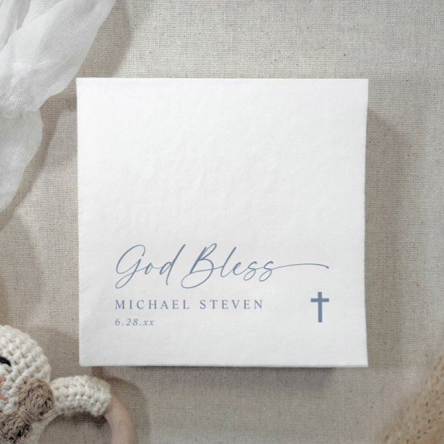 Serviette En Papier Baptism Modern Simple Dusty Blue God Bless Cross N (Elegant dusty blue baptism napkins with “God Bless” script, cross, and personalized baby's name.)