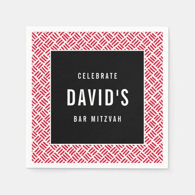 Serviette En Papier BAR MITZVAH grille métallique moderne rouge noir (Devant)