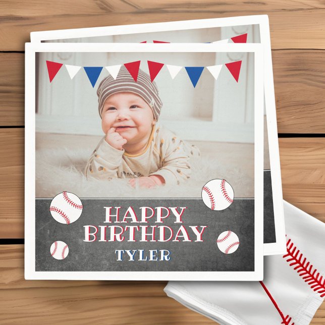 Serviette En Papier Baseball Chalkboard Enfants Photo Anniversaire (Créateur téléchargé)