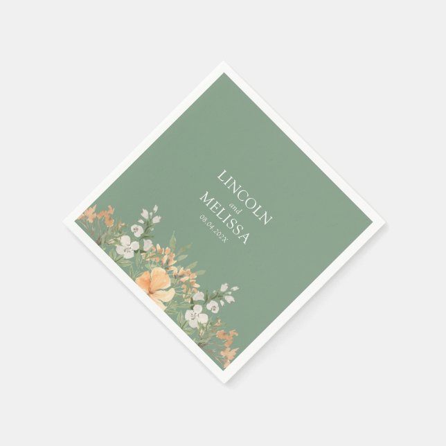 Serviette En Papier Basil, Pêche et Mariage floral blanc (Coin)