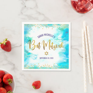 Serviette En Papier Bat mitzvah Turquoise Aquarelle Or Script Girl