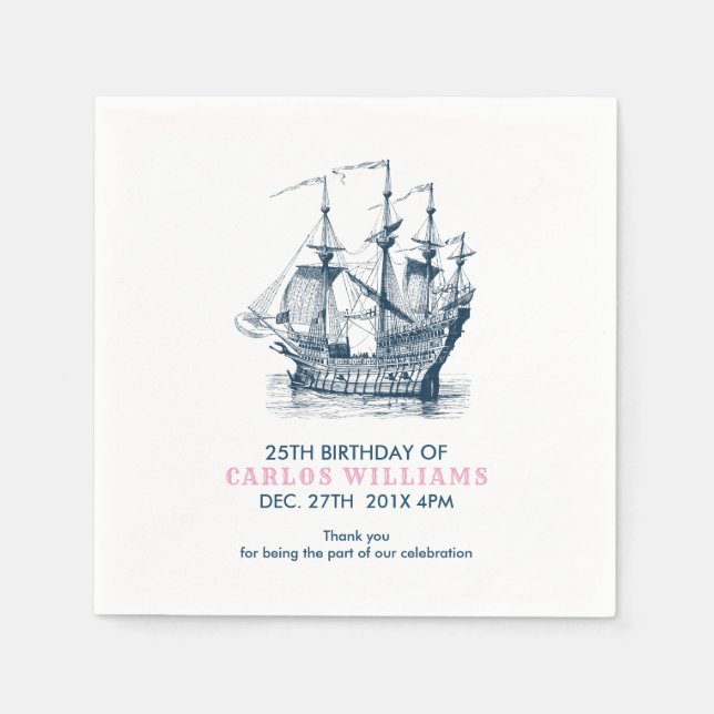 Serviette En Papier Bateau à vent bleu nautique Modèle d'anniversaire (Devant)