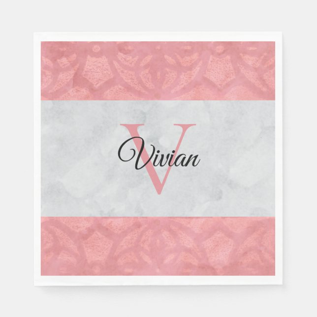 Serviette En Papier Batik Rose Ruddy Et Aquarelle Gris Monogramme (Devant)