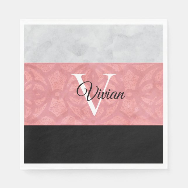 Serviette En Papier Batik Rose Ruddy Et Aquarelle Gris Monogramme (Devant)