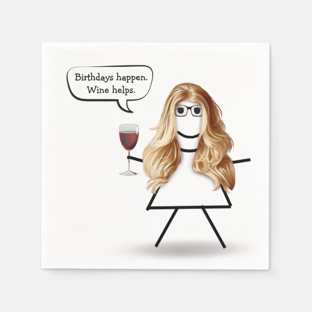 Serviette En Papier Bâton d'anniversaire fille avec verre à vin (Devant)