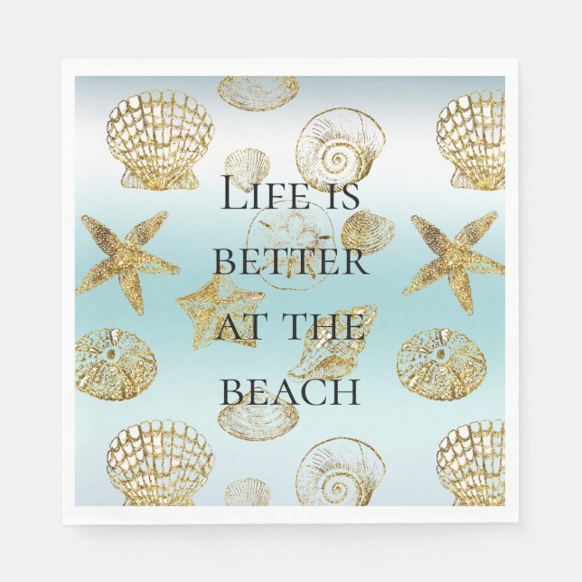 Serviette En Papier Beach Gold Sea Shells Aqua Blue Ombre (Devant)