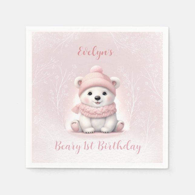 Serviette En Papier Béary d'hiver 1er anniversaire Ours rose (Devant)