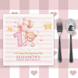 Serviette En Papier Beary Sweet One Birthday | Pink Boho Bear Girl