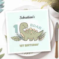 Beau Dinosaure Bleu Vert Garçon 1er Anniversaire