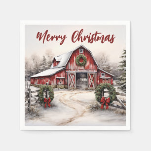 Serviette En Papier Beau hiver neigeux Rustic Red Grange Noël