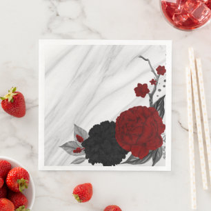 Serviette En Papier Beau marbre noir & rouge fleurs