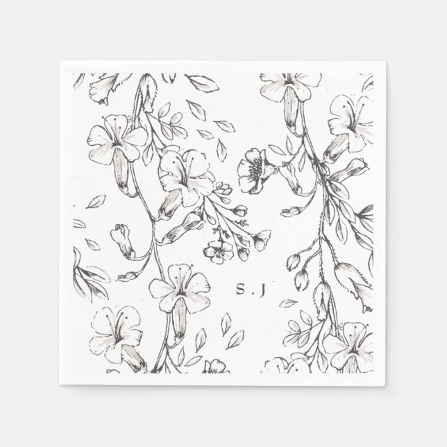Serviette En Papier Beau Mariage à croquis de Monogramme Floral (Devant)