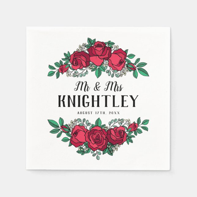 Serviette En Papier Beau Mariage Floral Roses Rouges (Devant)