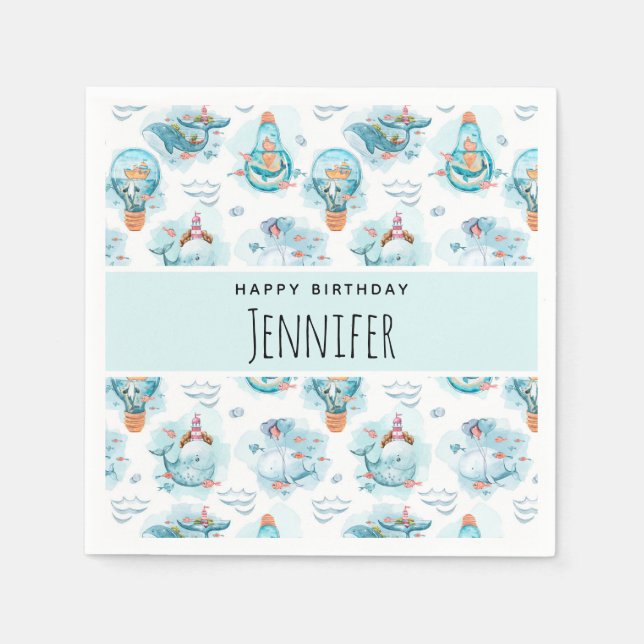 Serviette En Papier Beaux Baleines nautiques Aquarelle Motif Anniversa (Devant)