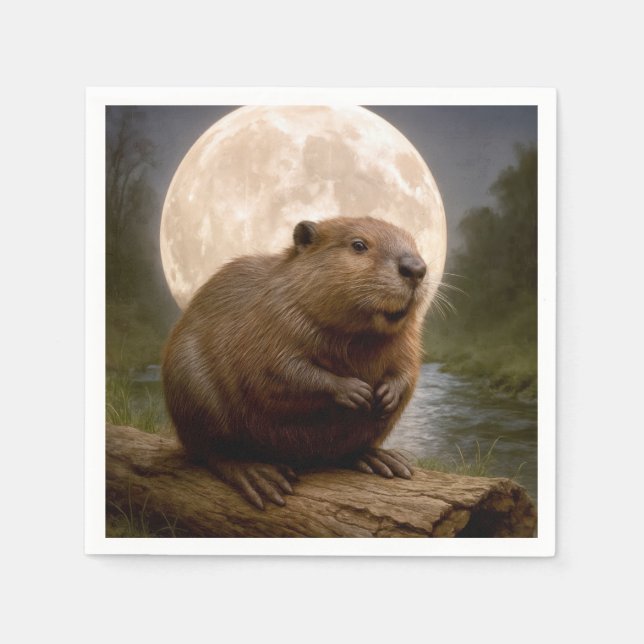Serviette En Papier Beaver On a Log With Full Moon (Devant)
