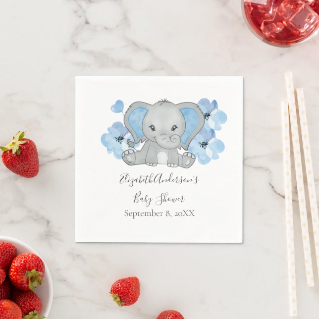 Serviette En Papier Bébé bleu garçon éléphant Baby shower fleurs ballo (En situation)